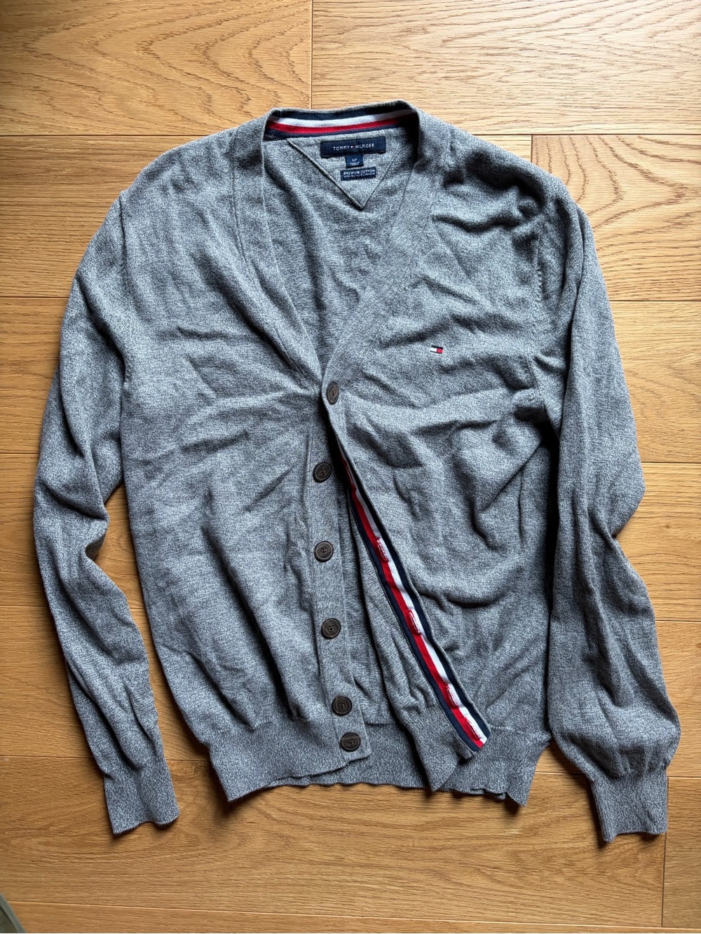 Tommy Hilfiger Men's Light Gray Button Cardigan with Flag Trim